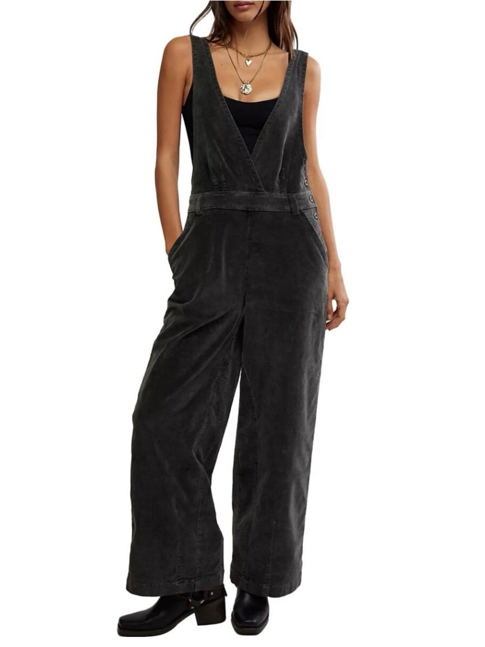 Free People Mara Cord Overall Dark Gray Black Wide-Leg Utility Jumpsuit